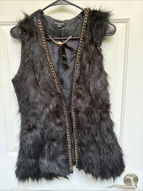 bebe Black Faux Fur Vest with Gold Chain Trim
